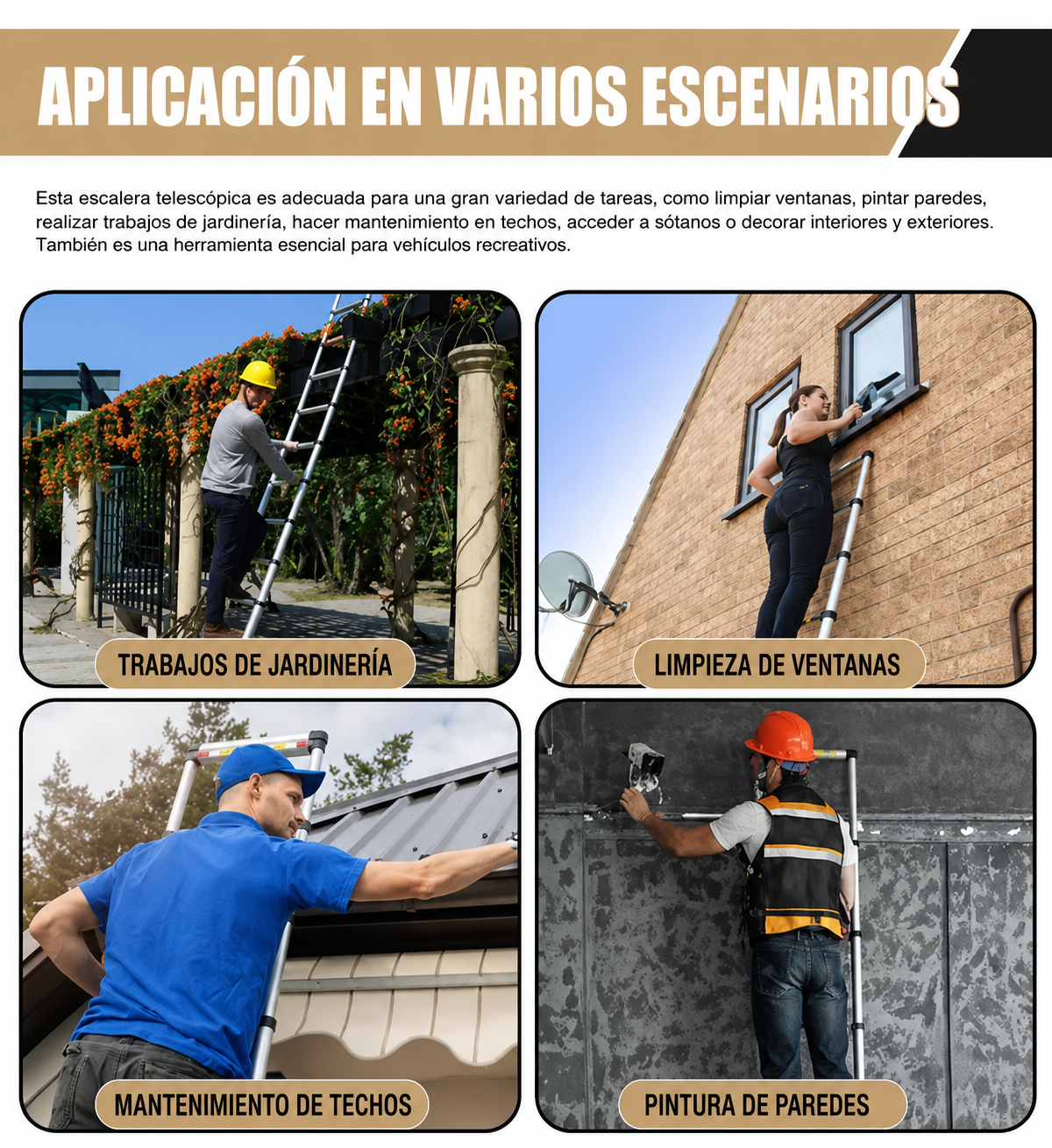 Escalera telescópica extensible de aluminio, 13 peldaños, 5,1 m duradera.