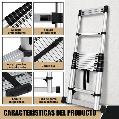 Escalera telescópica extensible de aluminio, 13 peldaños, 5,1 m duradera.