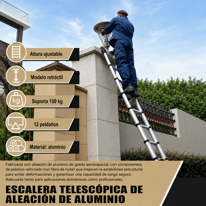 Escalera telescópica extensible de aluminio, 13 peldaños, 5,1 m duradera.
