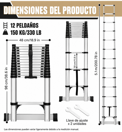 Escalera telescópica extensible de aluminio, 13 peldaños, 5,1 m duradera.