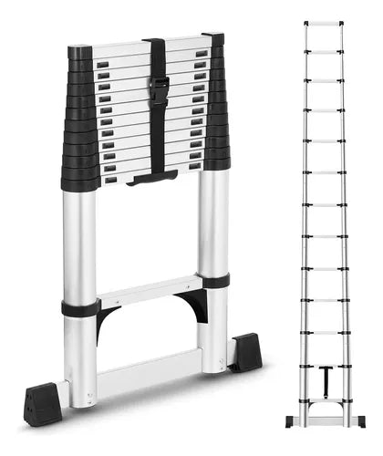 Escalera telescópica extensible de aluminio, 13 peldaños, 5,1 m duradera.